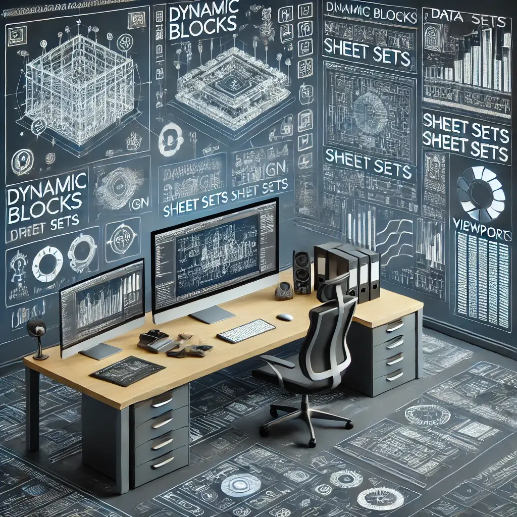 An advanced AutoCAD design environment illustrating key concepts like dynamic blocks, parametric design, data extraction, sheet sets, and viewports.