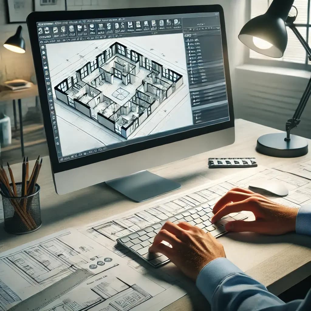 An image of a workspace with a computer screen displaying AutoCAD software in action, with hands on the keyboard, using various shortcut keys